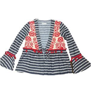 THML Embroidered Open Front Tie Red Tassels Cardigan Boho Sz XS Bell Sleeve